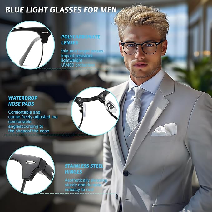 WINTOO Blue Light Glasses Men and Woman, 99% Blue Light Blocking Glasses for Computer Gaming TV Phone Screen Half Frame UV Clear Lens Anti Eyestrain : 26