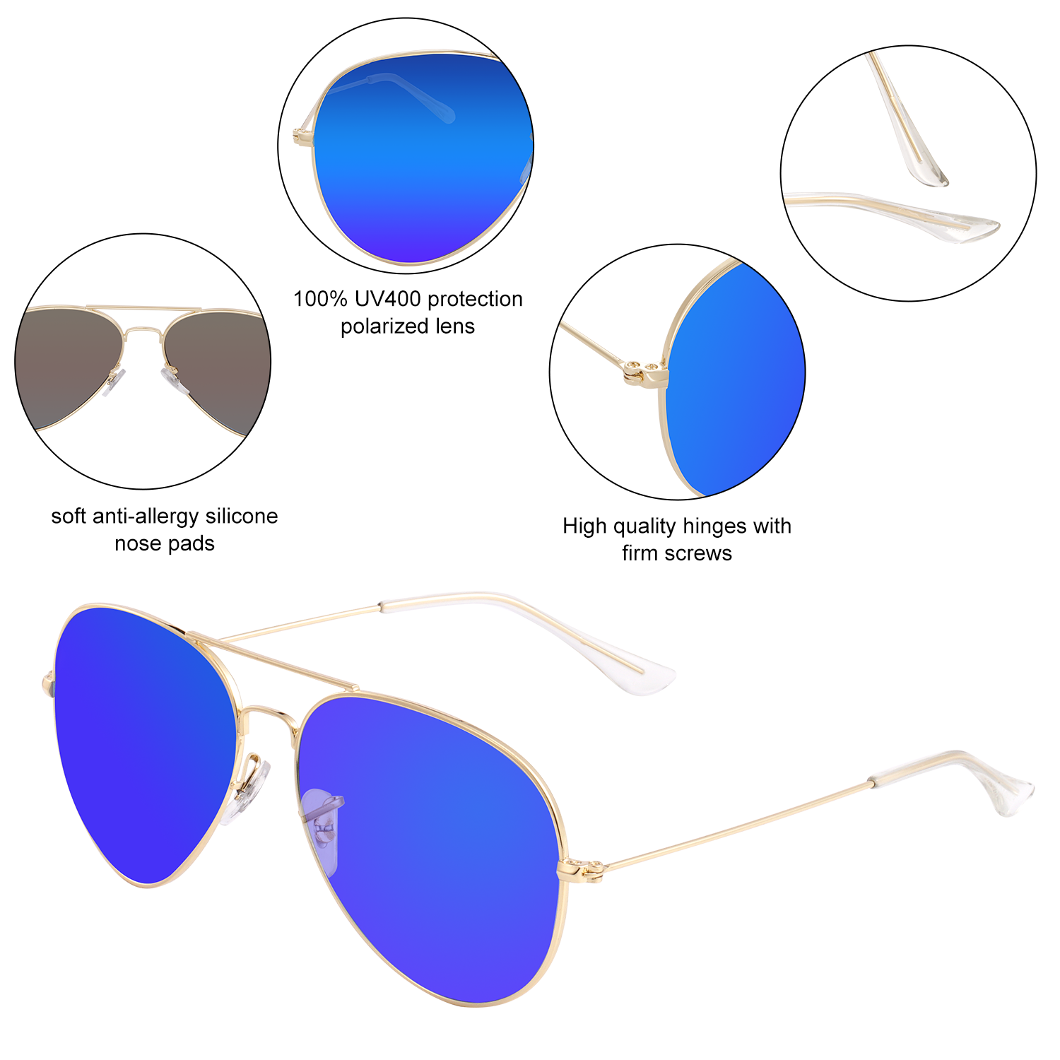 Polarized Aviator Sunglasses UV Protection Metal Mirror Frame