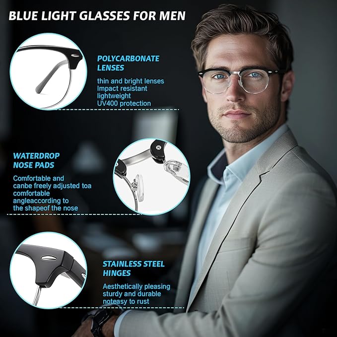 Blue Light Glasses Men and Woman, 99% Blue Light Blocking Glasses for Computer Gaming TV Phone Screen Half Frame UV Clear Lens Anti Eyestrain : 24