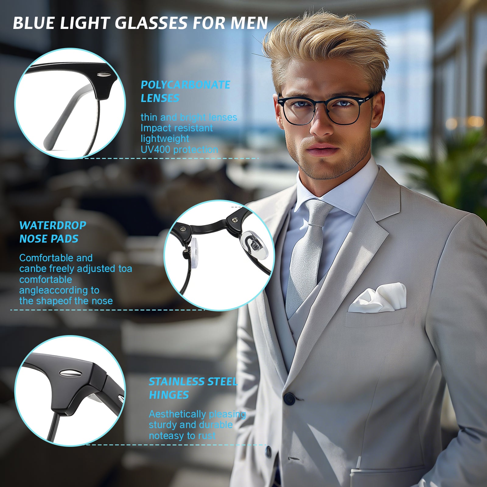 WINTOO Blue Light Glasses Men and Woman, 99% Blue Light Blocking Glasses for Computer Gaming TV Phone Screen Half Frame UV Clear Lens Anti Eyestrain : 21