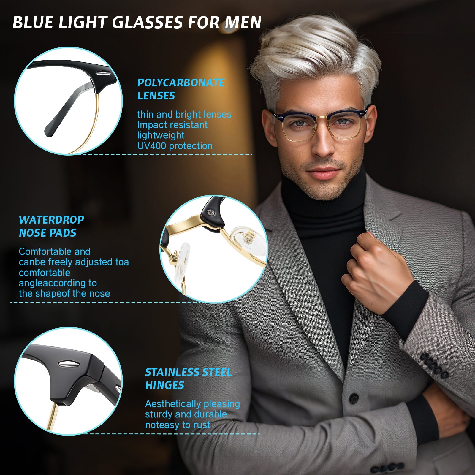 WINTOO Blue Light Glasses Men and Woman, 99% Blue Light Blocking Glasses for Computer Gaming TV Phone Screen Half Frame UV Clear Lens Anti Eyestrain : 20