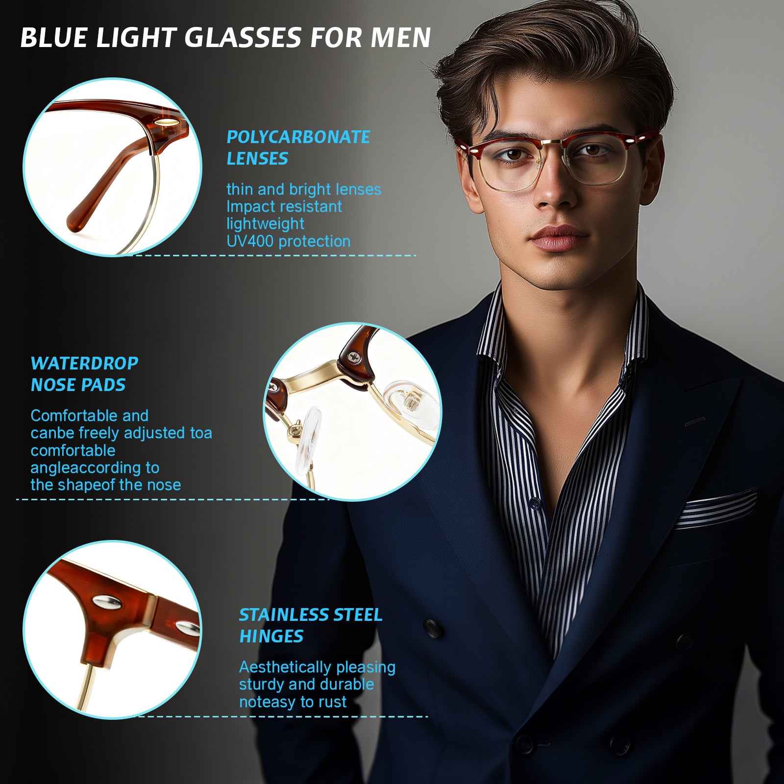 WINTOO Blue Light Glasses Men and Woman, 99% Blue Light Blocking Glasses for Computer Gaming TV Phone Screen Half Frame UV Clear Lens Anti Eyestrain : 23