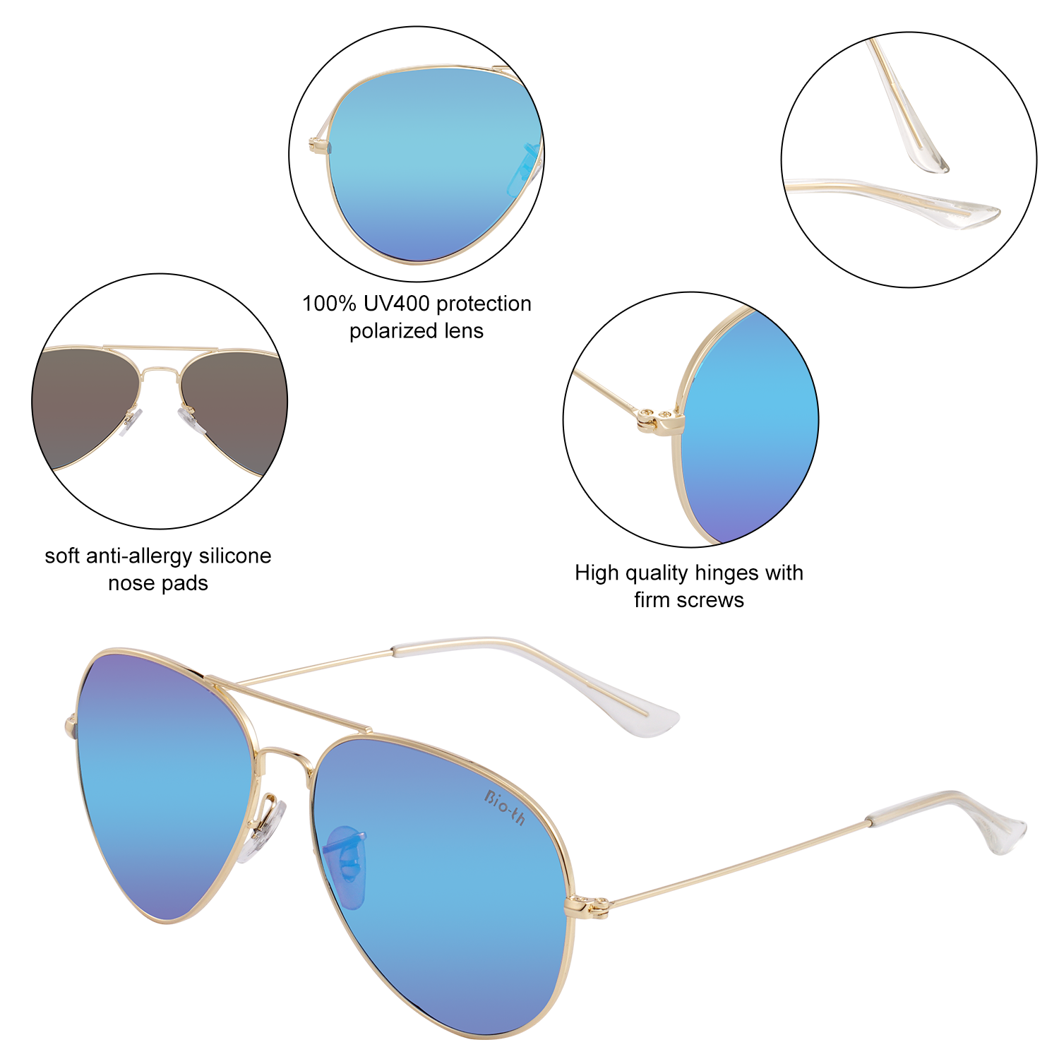 Polarized Aviator Sunglasses UV Protection Metal Mirror Frame