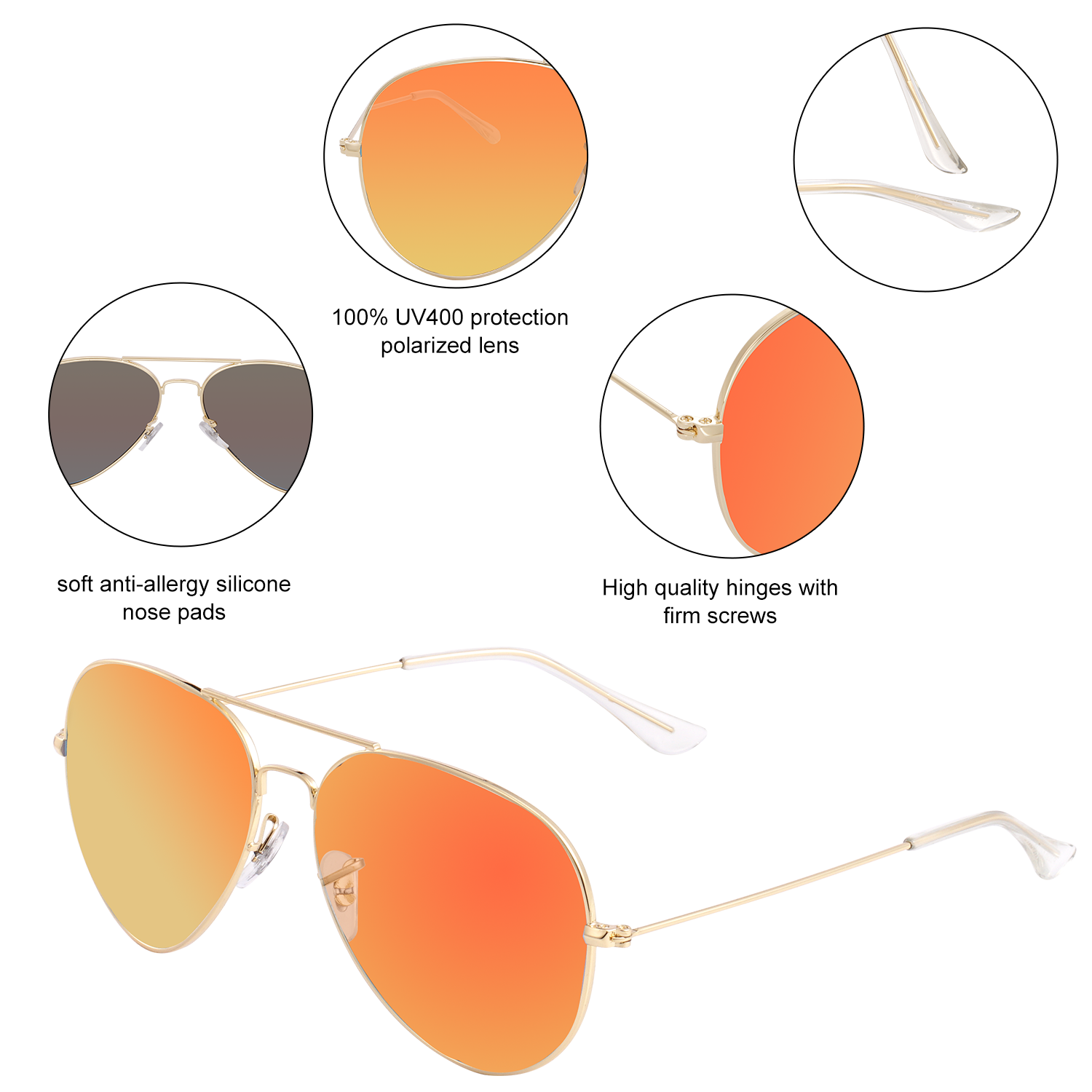 Polarized Aviator Sunglasses UV Protection Metal Mirror Frame
