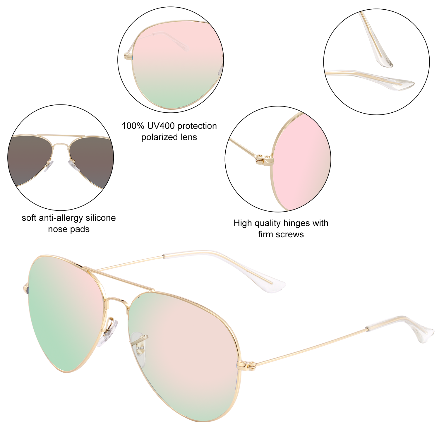 Polarized Aviator Sunglasses UV Protection Metal Mirror Frame