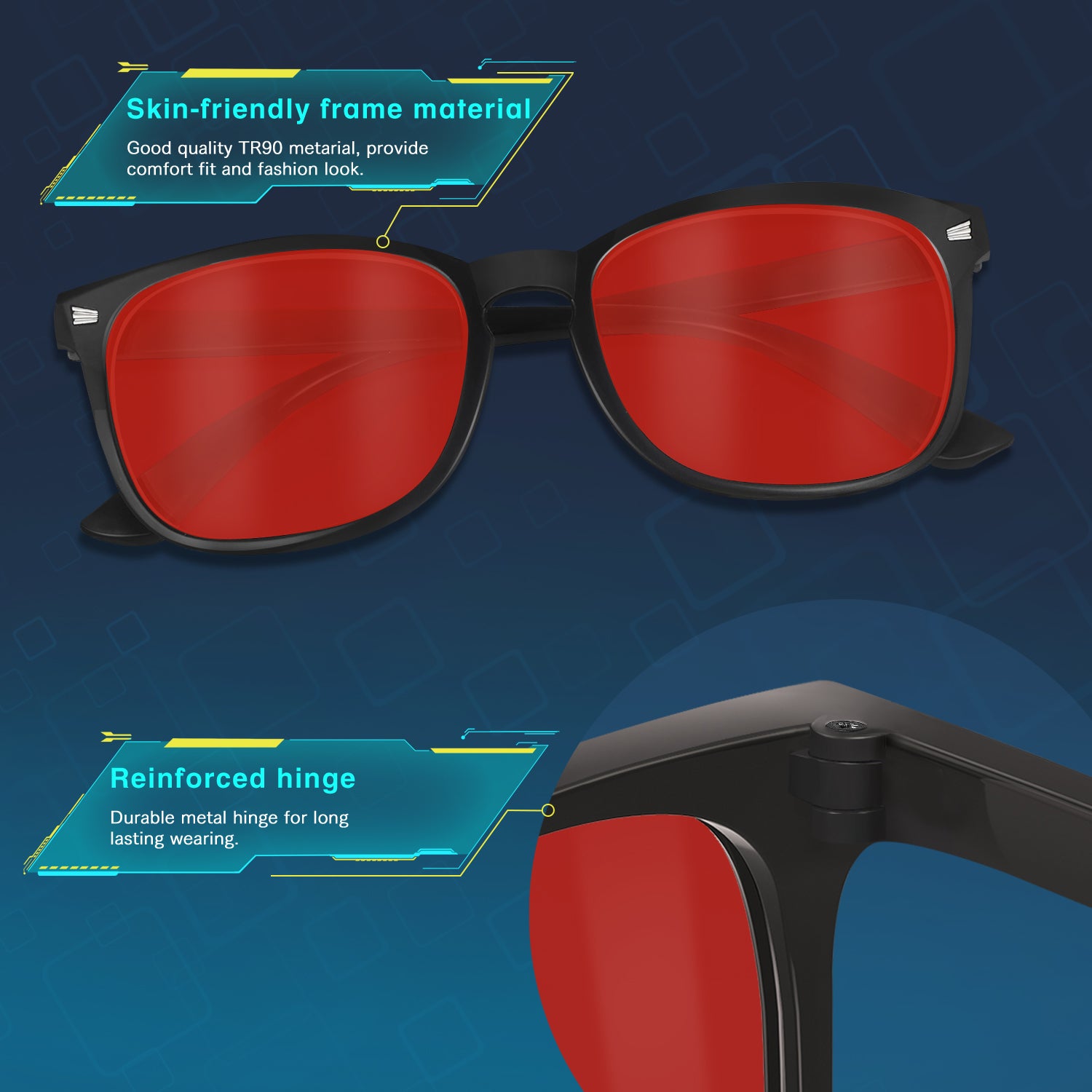 WINTOO Red Lens Glasses Blue Light Glasses Men Women - 99.9% Blue Green Blocking for Computer, Gaming, TV, Phone Screens - 3 Pair : 1