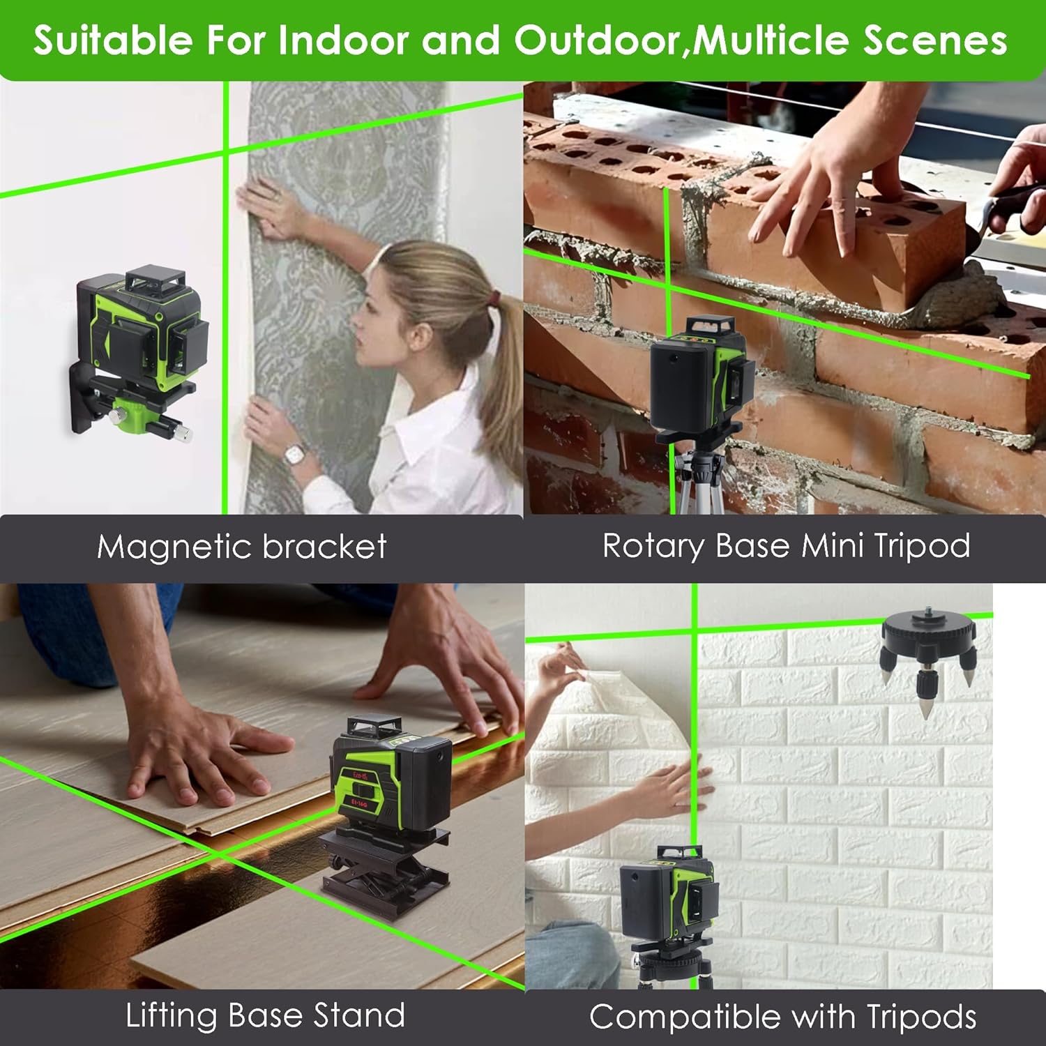 Laser Level, 100 feet Self Leveling Laser Level, Green Cross Line 360¡,Laser Measuring Tool,4 Brightness Adjustment, Picture Hanging Manual Self Leveling, IP54 Waterproof Battery Carrying Bag Included : 9