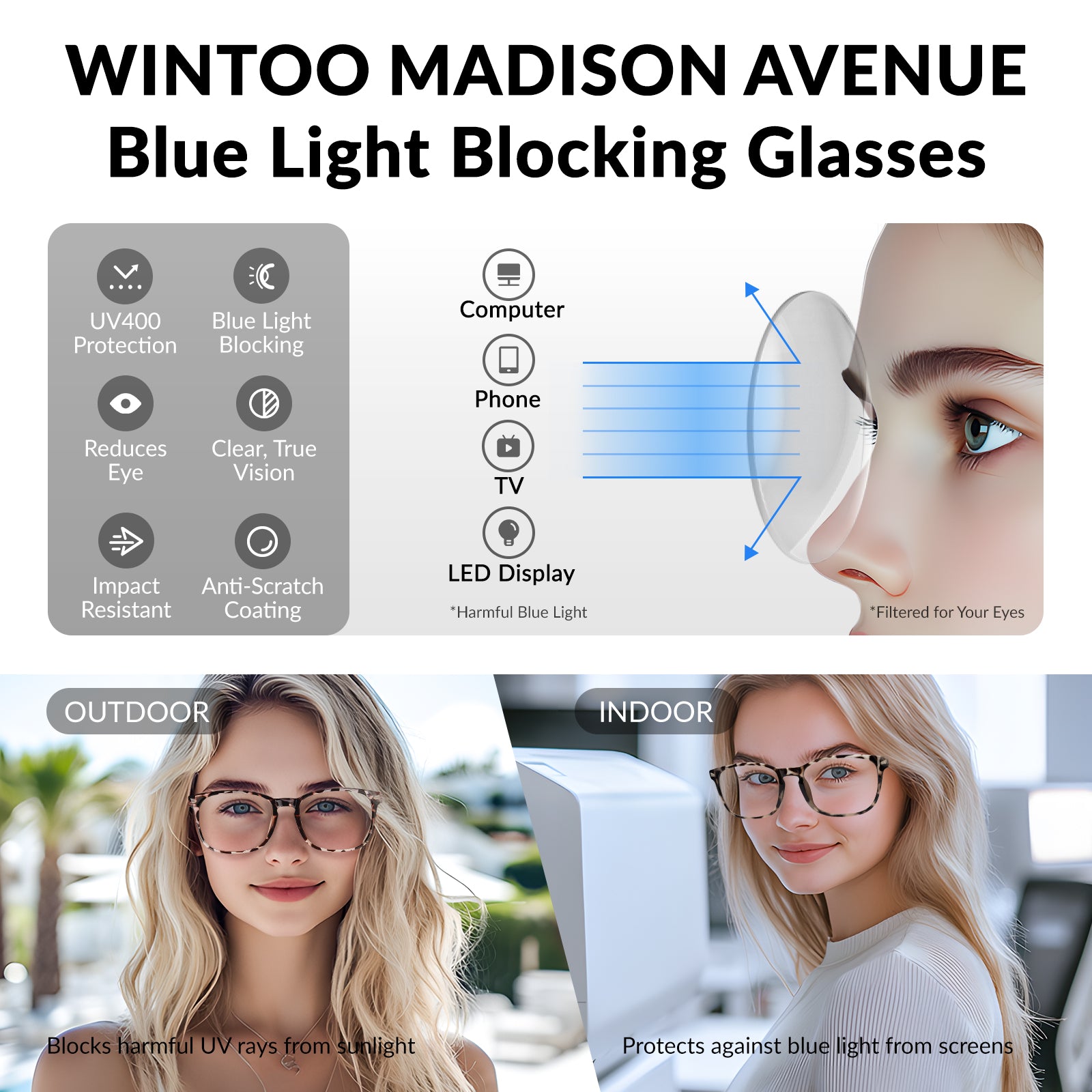 WINTOO Blue Light Glasses for Woman Men | 99% Blue Light Blocking Glasses for Computer Gaming TV Phone Screen Square Frame | Anti Eyestrain & UV Glare Protection - 5 Pair : 6
