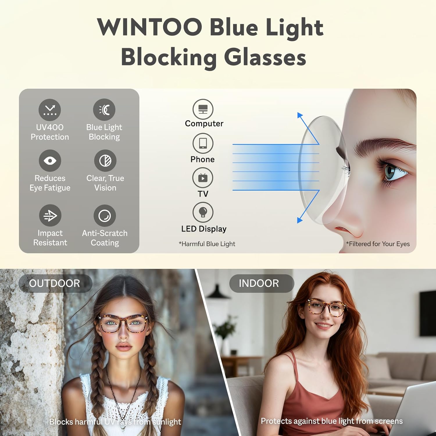 WINTOO Blue Light Glasses for Woman Men | 99% Blue Light Blocking Glasses for Computer Gaming TV Phone Screen Square Frame | Anti Eyestrain & UV Glare Protection - 3 Pair : 3