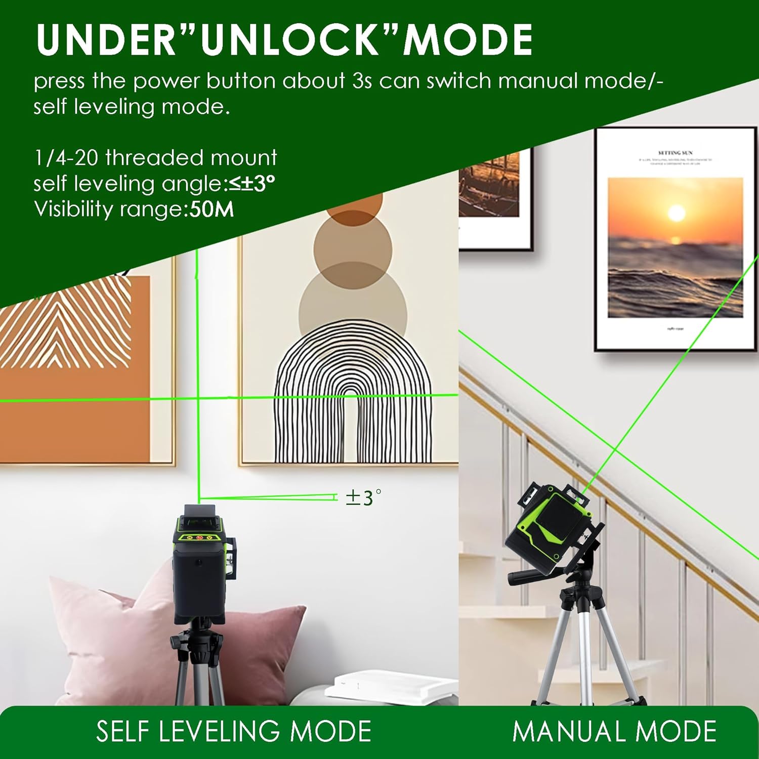 Laser Level, 100 feet Self Leveling Laser Level, Green Cross Line 360¡,Laser Measuring Tool,4 Brightness Adjustment, Picture Hanging Manual Self Leveling, IP54 Waterproof Battery Carrying Bag Included : 9