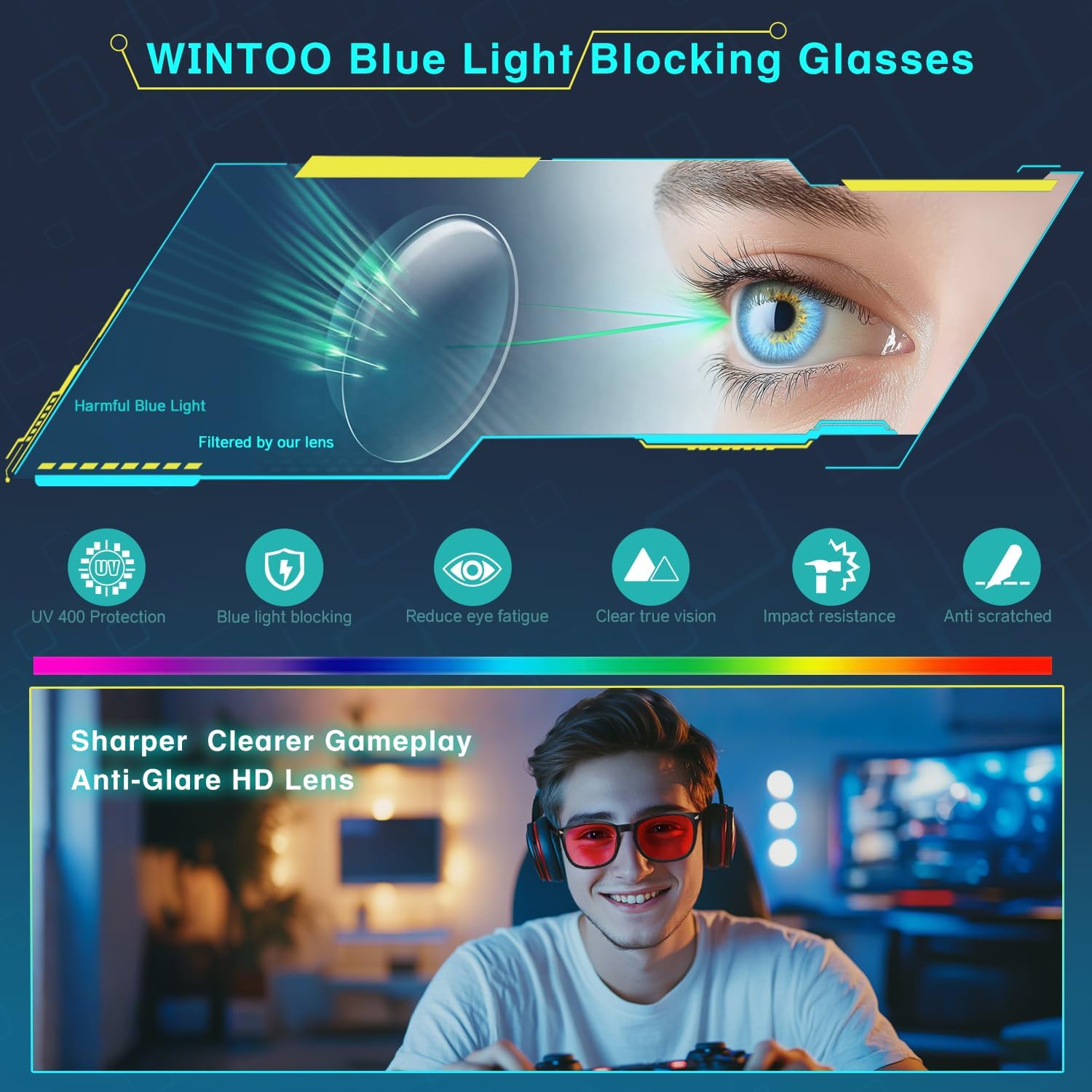WINTOO Red Lens Glasses Blue Light Glasses Men Women - 99.9% Blue Green Blocking for Computer, Gaming, TV, Phone Screens : 8