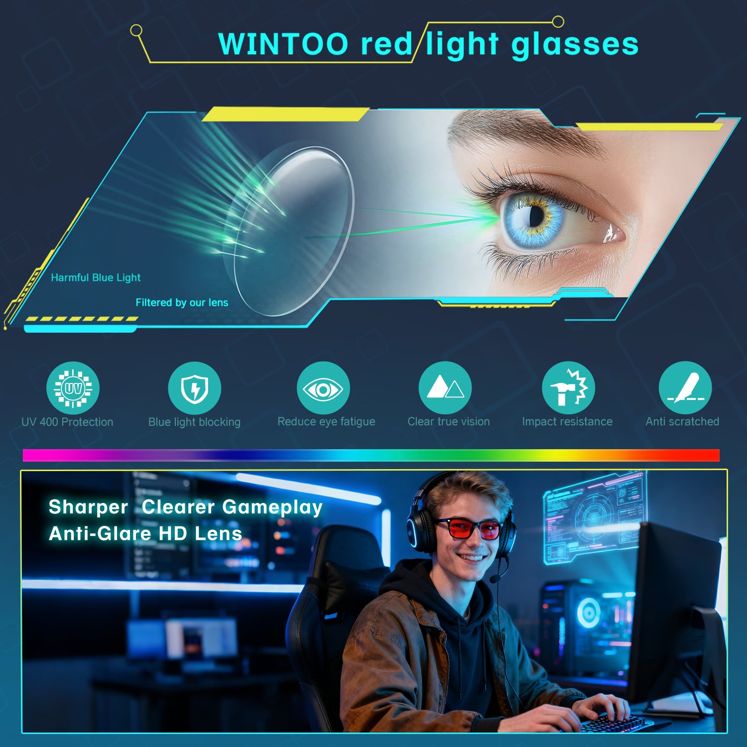 WINTOO Red Lens Glasses Blue Light Glasses for Men Women - 99.9% Red Glasses Blue Light Blocking for Computer,Gaming,TV,Phone Screens - 2 Pair : 2
