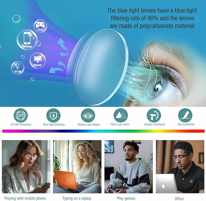 WINTOO Blue Light Glasses Men and Woman, 99% Blue Light Blocking Glasses for Computer Gaming TV Phone Screen Half Frame UV Clear Lens Anti Eyestrain : 26
