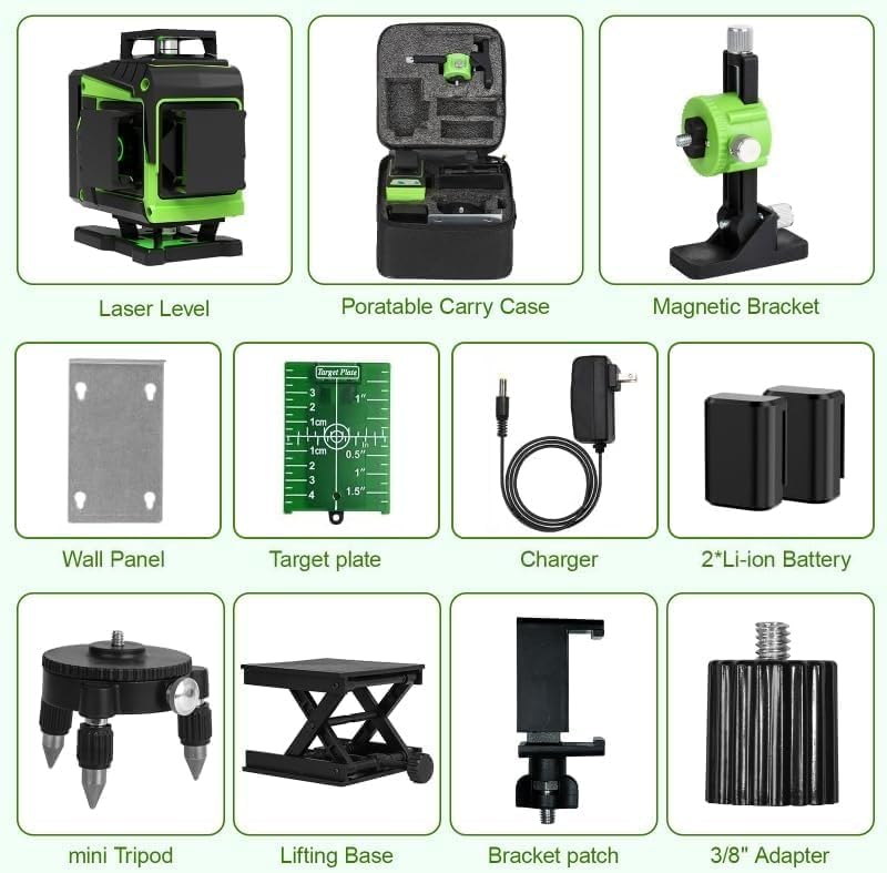 Laser Level, 100 feet Self Leveling Laser Level, Green Cross Line 360¡,Laser Measuring Tool,4 Brightness Adjustment, Picture Hanging Manual Self Leveling, IP54 Waterproof Battery Carrying Bag Included : 9