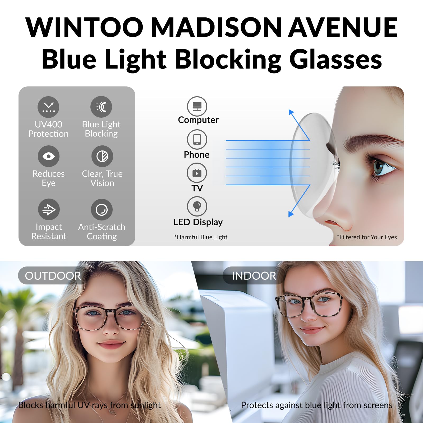 WINTOO Blue Light Glasses for Woman Men | 99% Blue Light Blocking Glasses for Computer Gaming TV Phone Screen Square Frame | Anti Eyestrain & UV Glare Protection - 5 Pair